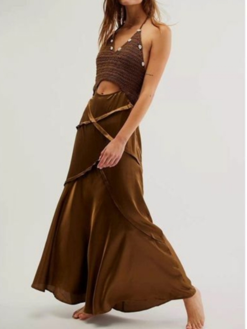 Never Fully Dressed Crochet Imani Satin Dress In Brown size 6